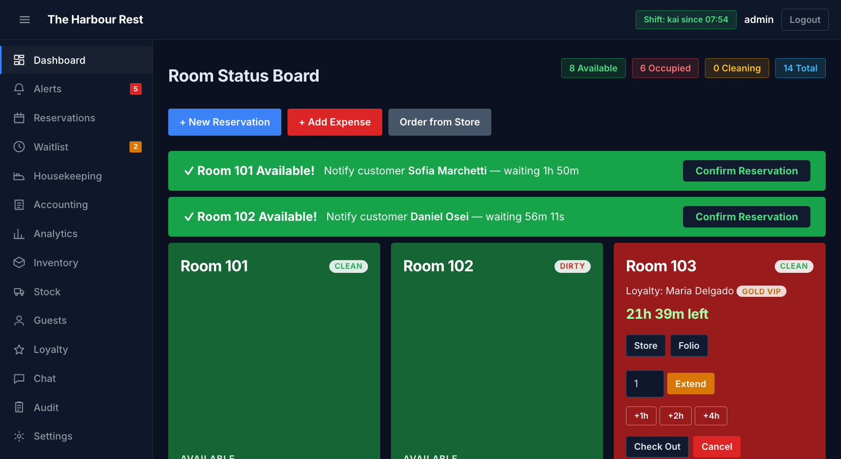 The InnsPOS room status board, showing available, occupied and cleaning rooms with a waitlist callout