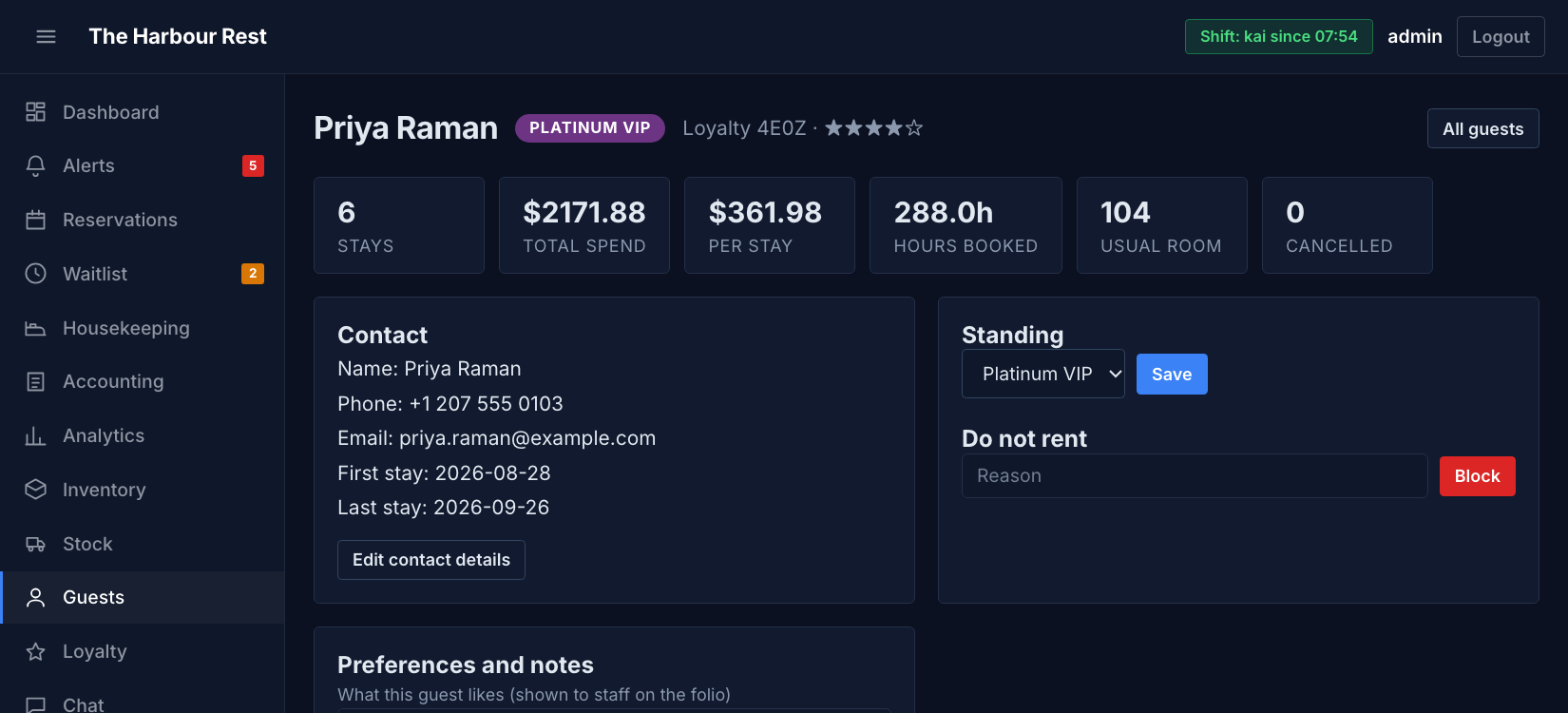 A guest profile in InnsPOS, showing VIP standing, stay history, lifetime spend and staff notes